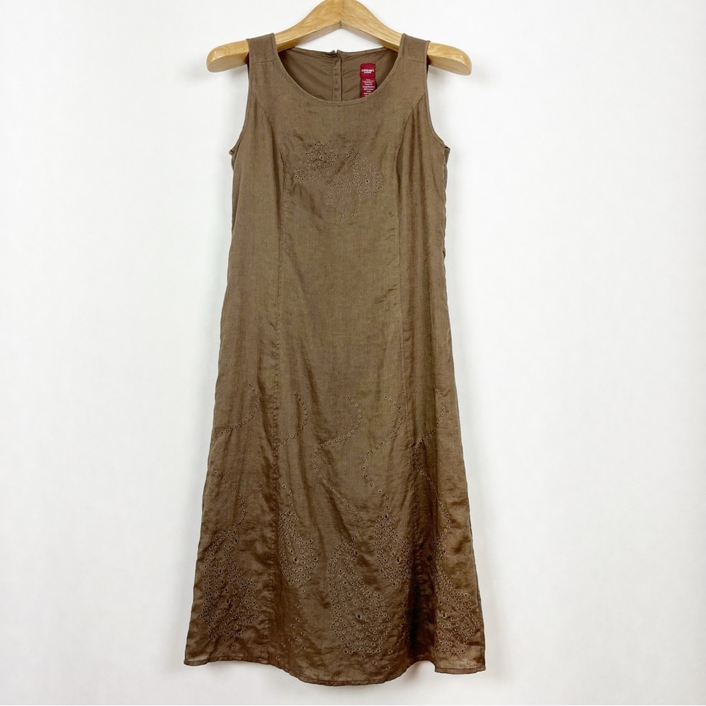 Olsen Europe Brown Linen Sleeveless Midi Dress‎ Size Small Eyelet Embroidered
